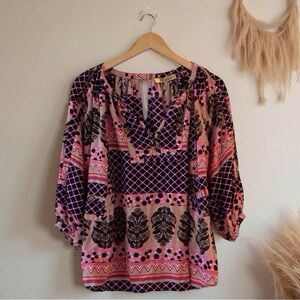 Persaman NY Boho Blouse Size L – Vibrant Artistic Print, EUC
